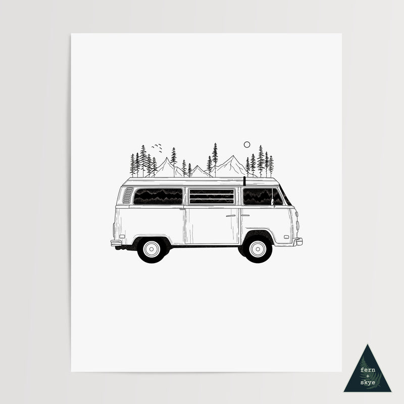 Camper Van Forest Mountain Art Print