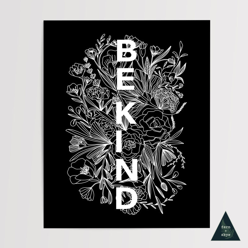 Be Kind Floral Illustration Art Print - Black