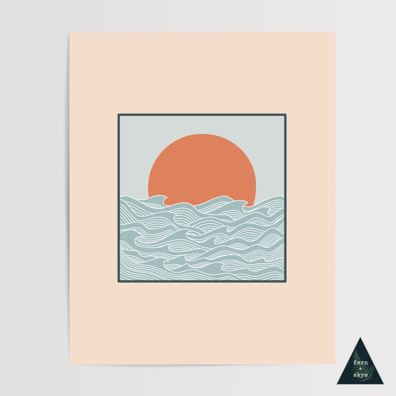 Ocean Sunset Line Art Print - Colored