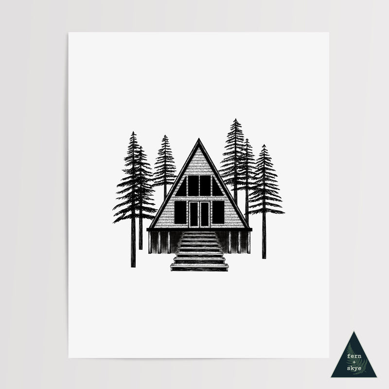 Woodland A-frame Cabin Art Print