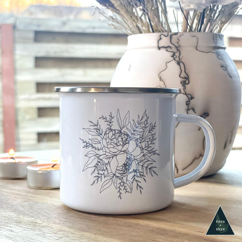 Peony Line Art - Black and White Camper Mug