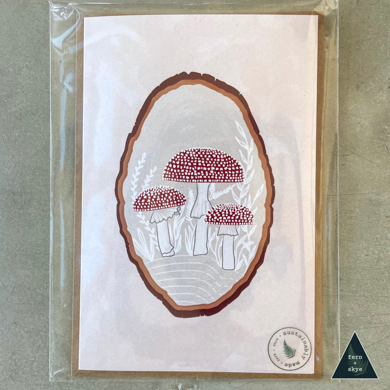 Red Mushroom Wood Slice Sustainable Greeting Card - 4x6"