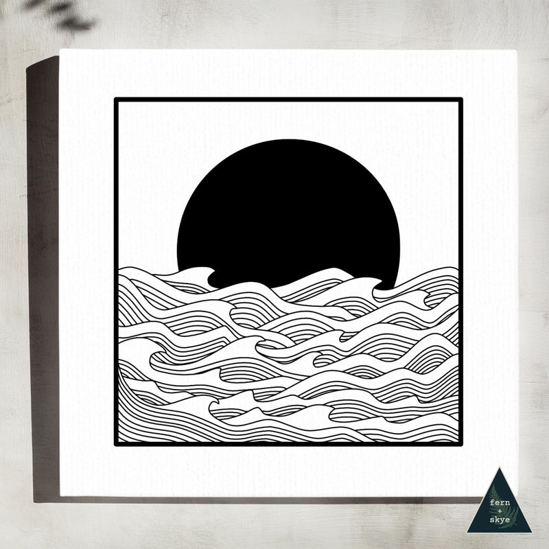 Ocean Sunset Line Canvas Print - Black & White