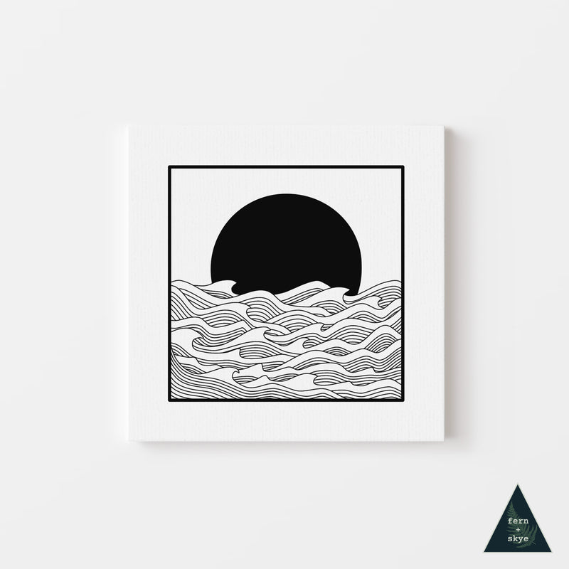 Ocean Sunset Line Canvas Print - Black & White