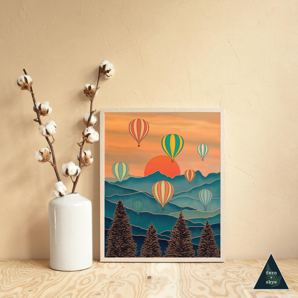 Hot Air Balloons Over Colored Mountain Skies Art Print