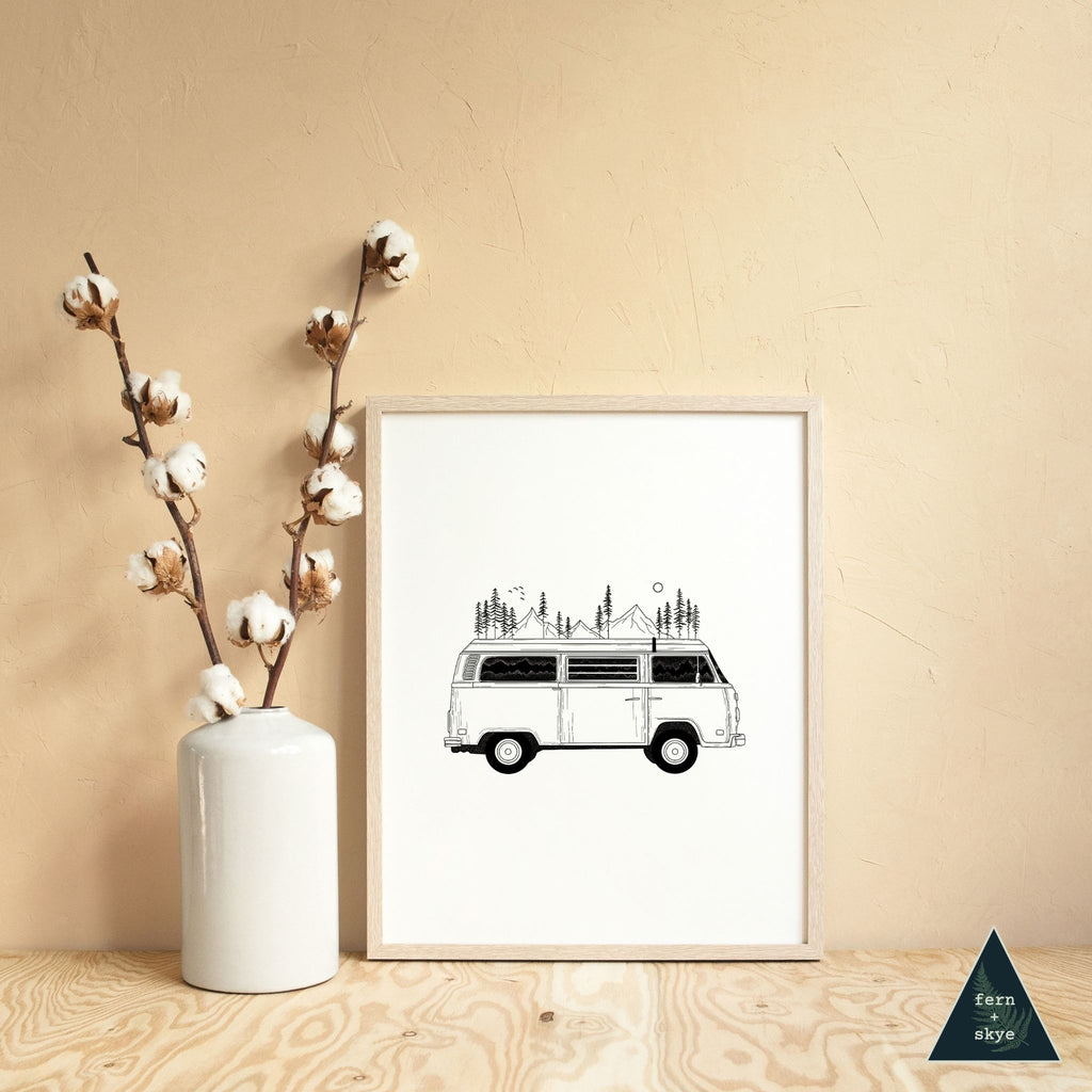 Camper Van Forest Mountain Art Print