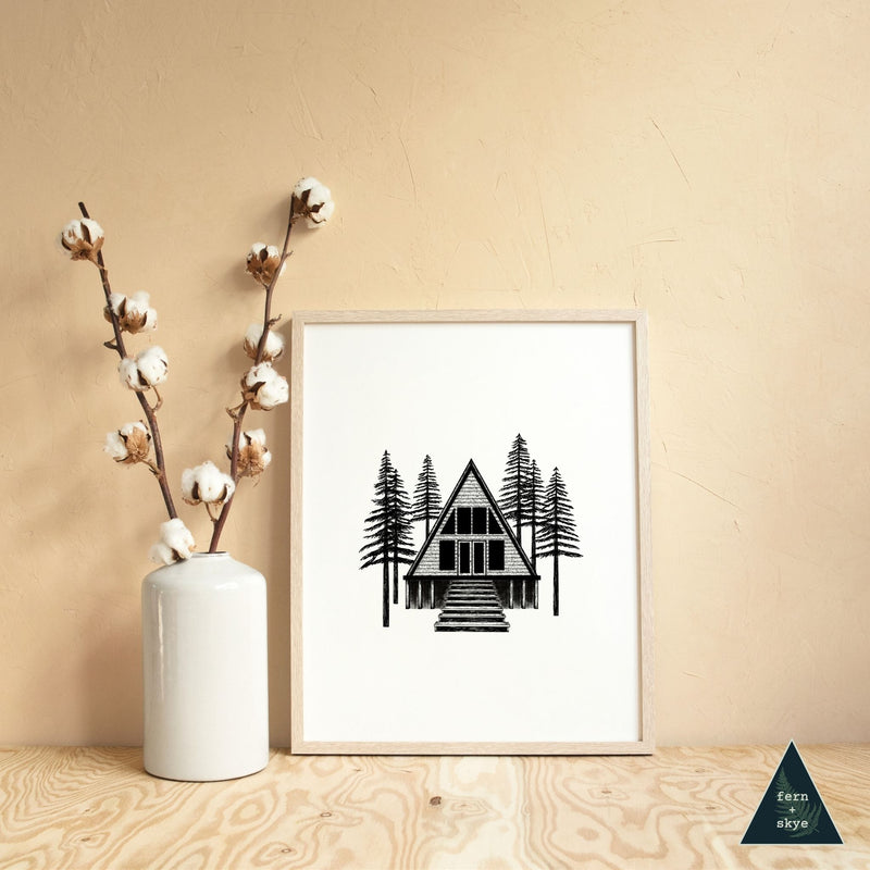 Woodland A-frame Cabin Art Print