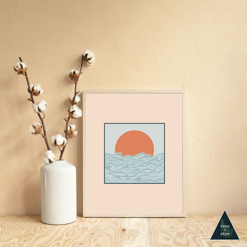 Ocean Sunset Line Art Print - Colored