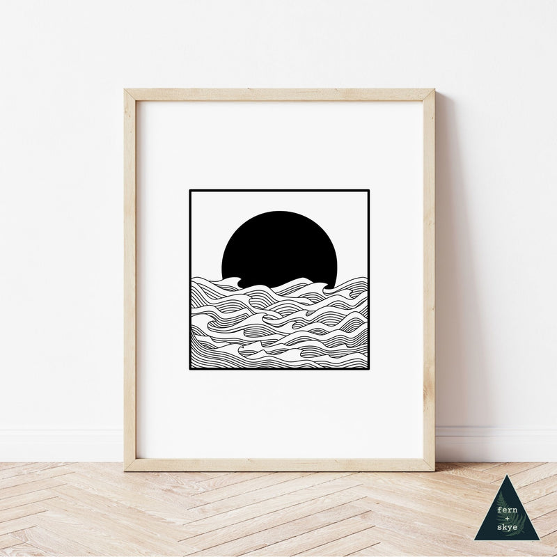 Ocean Sunset Line Art Print - Black & White