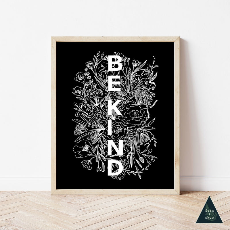 Be Kind Floral Illustration Art Print - Black