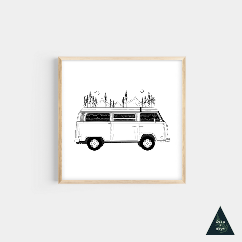 Camper Van Forest Mountain Mini Print