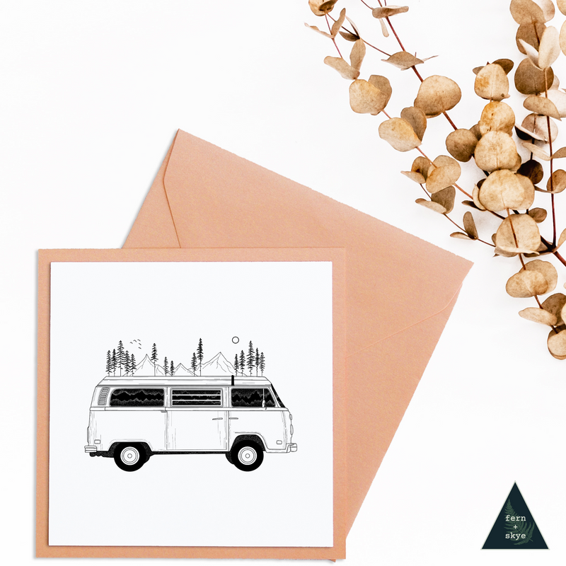 Camper Van Forest Mountain Mini Print