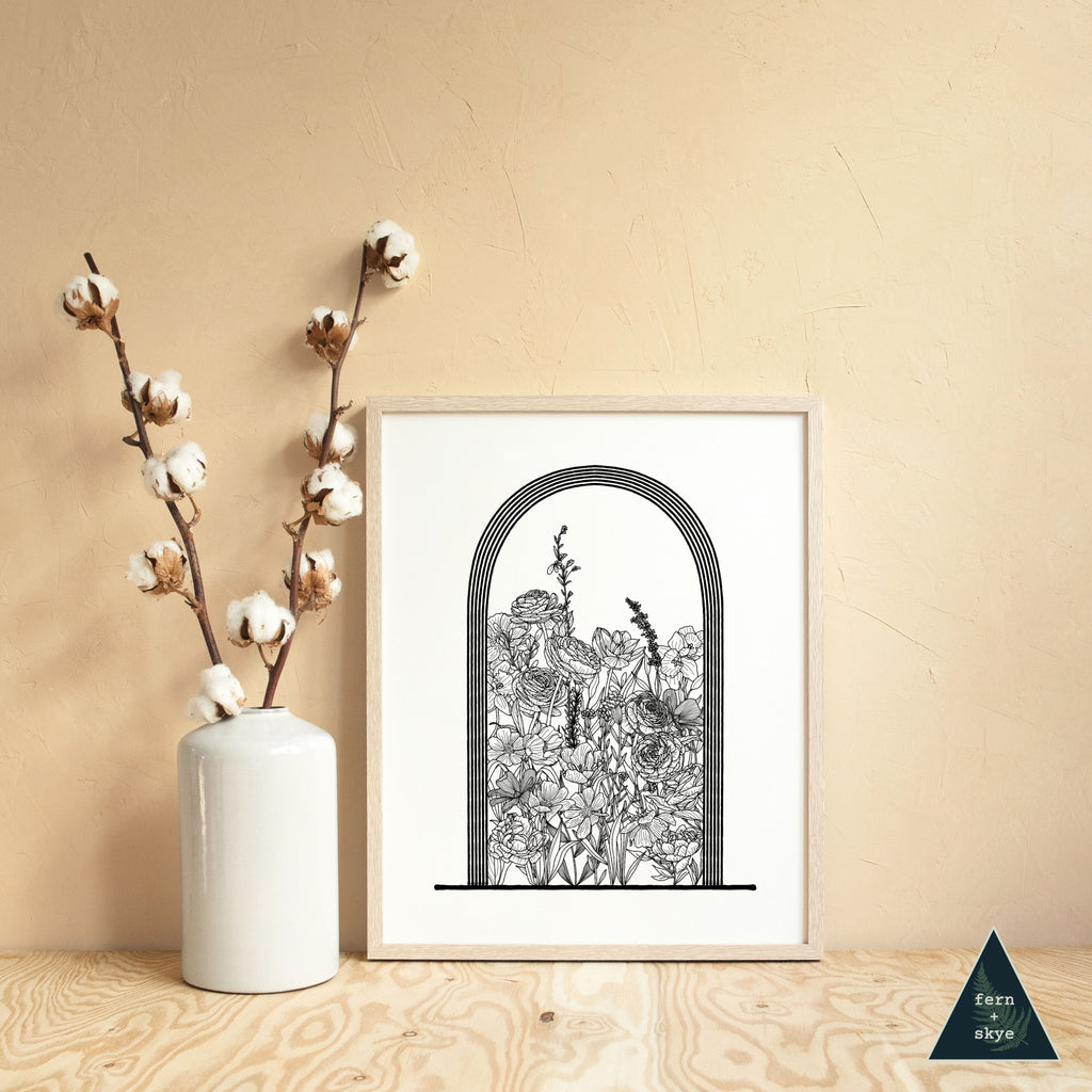 Black and White Floral Dome Terrarium Art Print