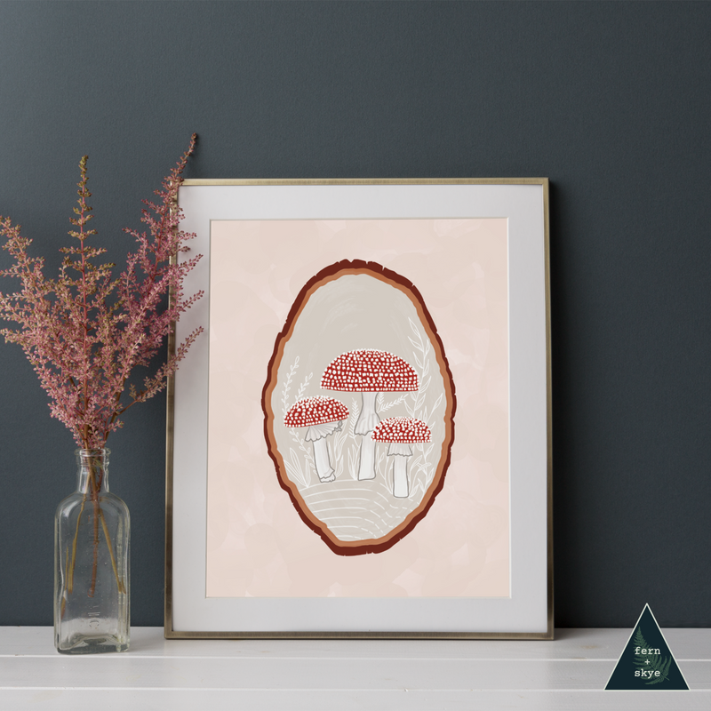 Red Mushroom Wood Slice Art Print